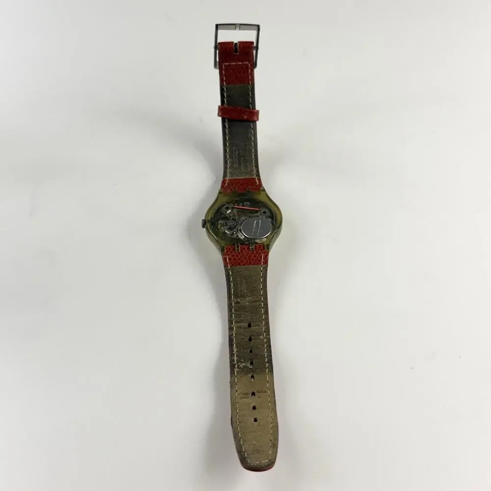 Vintage Swatch Mens Watch Orly GM110 34mm White Dial Brown Leather Strap Swiss